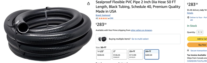 A screenshot shows Sealproof flexible PVC Pipe 2 inch diameter house. The pipe is coiled and shiny black finish. $283