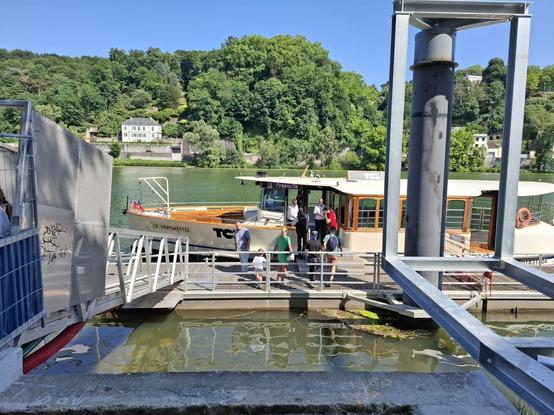Quai de débarquement de l'arrêt Vaise industrie, on y voit en fond le bateau en bois marron et blanc ainsi que sur la gauche une passerelle qui permet de revenir sur le quai