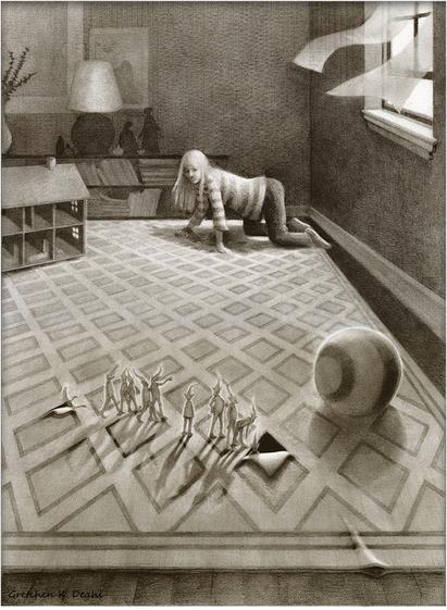 Pencil drawing of a young girl kneeling on a patterned rug, playing with her doll. On the floor, in front of her, eleven tiny creatures march in and out of the designs on the floor, lit up by an open window, casting long shadows.