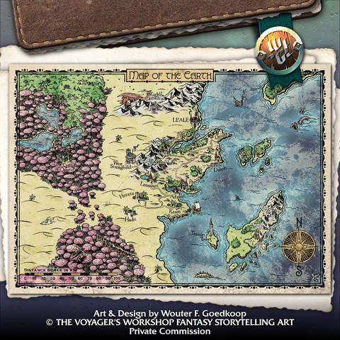A fantasy map of Earth, a home brew setting featuring a coastline with a desert, a mysterious forest with funky trees and… a dragon’s lair?
