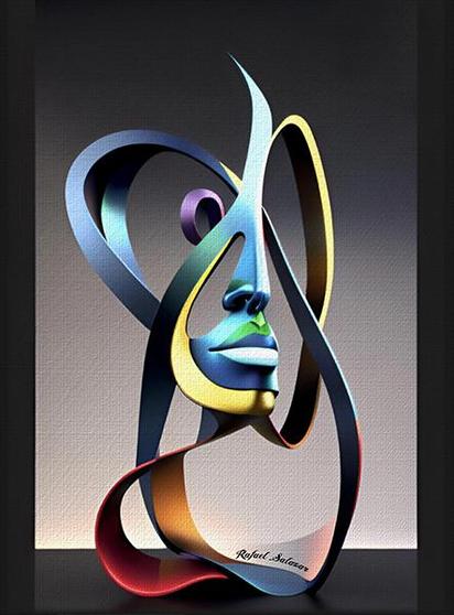 Colorful abstract sculpture of a human face composed of ribbon-like flowing shapes in blue, gold, red, and purple tones against a neutral background.