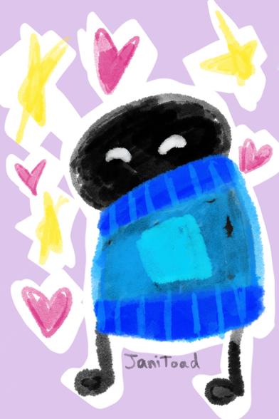 digital drawing of a blob-like creature in a blue sweater, surrounded by hearts and stars, in a loose, playful style
