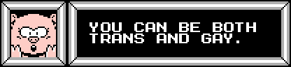 screenshot from super pig featuring the shocked pig on the left and the text on right that says "You can be both trans and gay"