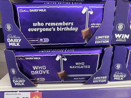Chocolate bars with sections divided up for different people and what they did - who drove, who navigated and who slept