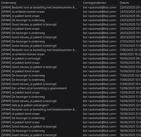 A list of 31 legitimate e-mails from automail@bol.com, all marked by OVH cloud with [SPAM] in the subject.