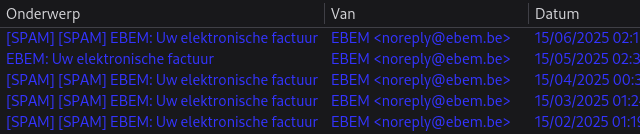 A list of 5 legitimate e-mails from noreply@ebem.be, 4 marked by OVH cloud with [SPAM] [SPAM] in the subject.