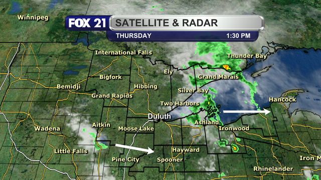 The satellite and radar over the Northland at 1:30 p.m. on June 19, 2025, shows a scattered line of showers and a possible thunderstorm or two over the tip of the Arrowhead, extending south across Lake Superior and covering the Bayfield Peninsula and Ashland and Iron counties.  They are moving to the east.  Another possible few showers are passing through the I-35 corridor in Aitkin and Pine counties.  The rest of the region is seeing mostly clear skies.