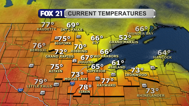 Temperatures in the Northland just after 1 p.m. on June 19, 2025, range from 52 to 78 degrees Fahrenheit.  The coolest readings in the 50s and 60s are in the Arrowhead, Twin Ports, and Bayfield Peninsula regions.