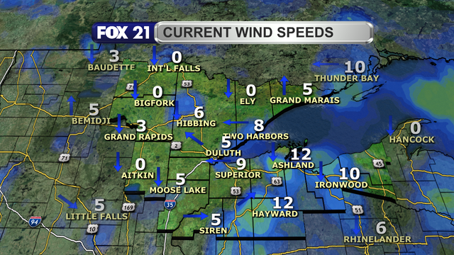 Wind speeds in the Northland just after 1 p.m. on June 19, 2025, range from calm to 12 mph.  Wind direction is primarily from the north and east.