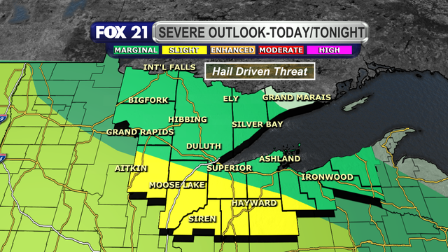The Storm Prediction Center has the southern half of the Northland, those locations south of Highway 2, under a slight risk for severe weather the rest of June 19, 2025.  The rest of the region is under a Marginal Risk, minus the tip of the Arrowhead.  The greatest risk of any thunderstorms that form and pass through through Thursday night will be large hail and strong winds.
