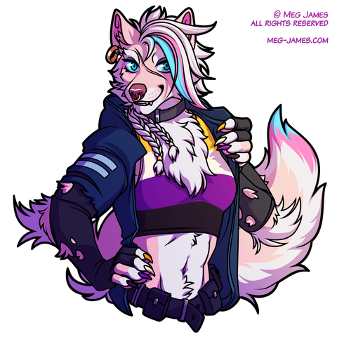 Halfbody drawing of Vae, a muscular, pink-and-white-colored anthro wolf, wearing a dark blue jacket over a crop top colored like the nonbinary pride flag.