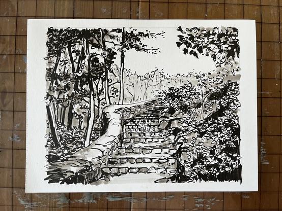This is a monochromatic ink and wash drawing depicting a stone stairway ascending through a wooded landscape. The path curves gently to the left, flanked by a low stone wall on one side and dense foliage on both. Tall trees rise on the left, their trunks rendered in bold vertical strokes, while the right side is filled with leafy undergrowth and shrubs. Light ink washes suggest depth and atmosphere, giving a sense of mist or light filtering through the forest canopy. The drawing captures a quiet, inviting moment in nature, with a strong sense of perspective leading the viewer’s eye up the steps and into the distance.

(Alt-text auto-generated.)