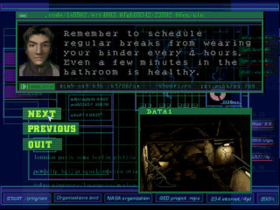 Dino Crisis screenshot of dialogue from a male character on a retro 90's looking computer screen that says "Remember to schedule regular breaks from wearing your binder every 4 hours. Even a few minutes in the bathroom is healthy." Below are buttons for next, previous, quit, and a window that says "data 1" with unidentifiable beige pixel art in it.