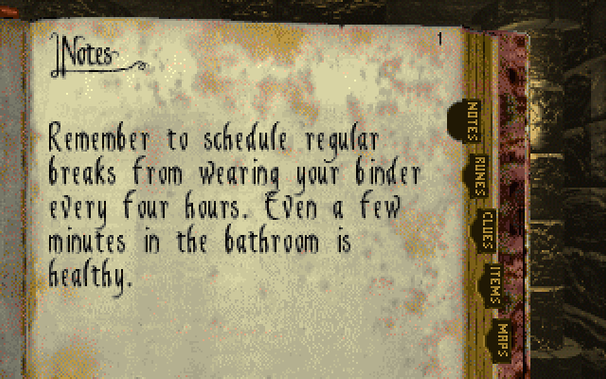 screenshot of a book from the game stonekeep, open to a tab titled Notes that says "Remember to schedule regular breaks from wearing your binder every 4 hours. Even a few minutes in the bathroom is healthy." The book looks very old and beaten up.