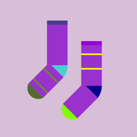 Two socks: One is a DarkOrchid sock with a MediumTurquoise heel, a DarkOliveGreen toe, and a DarkSlateBlue cuff, with  two OliveDrab stripes on the foot, and the other is a DarkOrchid sock with a DarkBlue heel, a Chartreuse toe, and a DarkViolet cuff, with two Yellow stripes on the leg, all on a Thistle background.