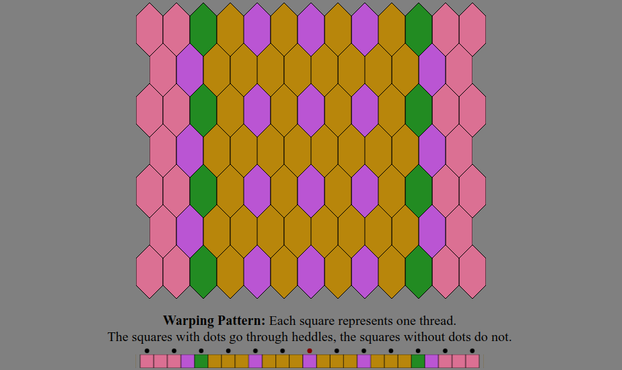 An Inkle weaving diagram and warping pattern in the color sequence listed in the text description: The warping pattern is a line of colored boxes with small dots above every other one, above which it states: "Warping Pattern: Each square represents one thread. The squares with dots go through heddles, the squares without dots do not." The weaving diagram is a series of tessellated lozenge shaped tiles illustrating how the pattern will appear when woven.