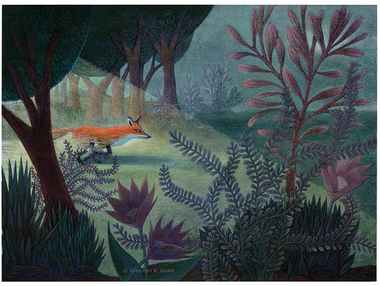 Caught in a beam of sunshine, a blaze of orange streaks past as a fox dashes quietly though the blue green forest. Pink, purple and deep teal bloom in flowers and leafy plants in the foreground.