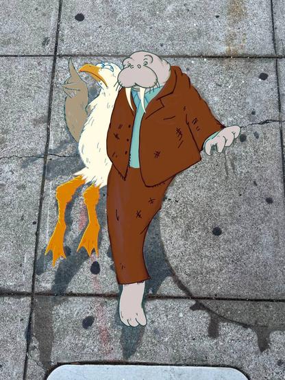 A drawing of a walrus and a seagull having a conversation. They look very relaxed and sort of melancholy. The two characters are anthropomorphic. The walrus is a brown suit, but the seagull doesn't have clothes on for some reason. Instead of a background, the original photo of the sidewalk is behind the two characters.