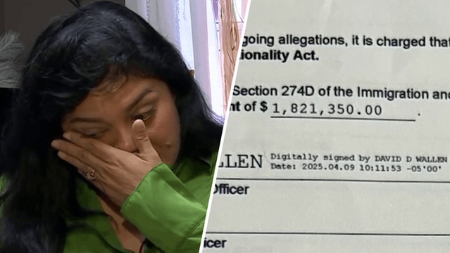 The image shows a woman with dark hair, visibly distressed, covering her face with one hand. To the right, there is a document that includes a monetary figure of $1,821,350 and mentions allegations related to the Immigration and Nationality Act…