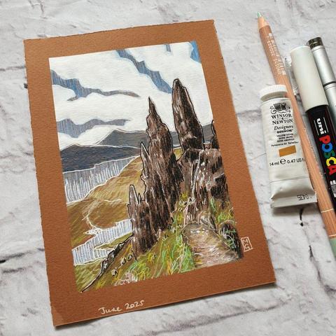 A small artwork of the mountainous rock formation known as The Storr situated on the Isle of Skye in the Highlands of Scotland. Created by an ancient landslip, the rock face and pinnacles were formed millions of years ago, when the weather is clear, the iconic landmark can be seen from miles around.
An original art work
Colour pencil and mixed media on acid free toned artist paper
5 by 7 inches (12.7 by 17.8 cm).
Sold unframed