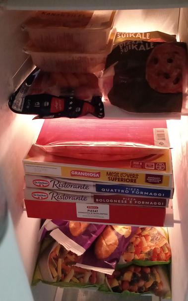 photo of a well stocked upright freezer, with 5 pizzas, several bags of veggies, garlic breads, chicken filets and pizza toppings for diy pizza