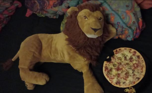 photo of a big and very majestic lion plushie posing with a plate of meat lover's pizza that has two bites taken out of it, as though the lion ate it. (the peppers have been picked off)