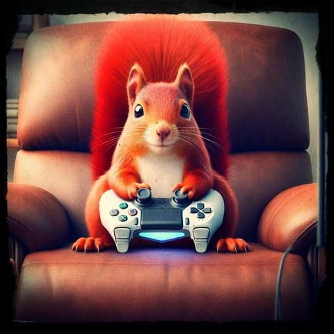 Edited AI image of a red squirrel, sitting on a comfortable brown leather chair, with a white PS5 controller in his paws. He appears to be gaming and he's got a little smile on his face, so maybe he's winning?