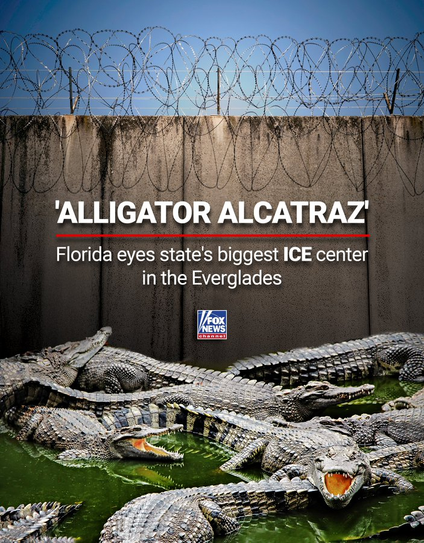 A wall with circular wire and alligators swimming by it, "Alligator Alcatraz,' Florida eyes state's biggest ICE center in the Everglades;