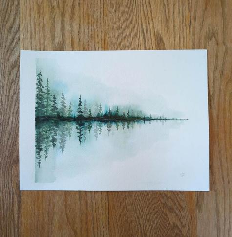 This is a Reflective Atmospheric Watercolor Landscape Painting; 8 x 10 in landscape orientation in a stretched triangle starting on the left. The colors used are DS Mayan Blue Genuine, Cascade Green, Ultramarine Turquoise, and WN Perlyene Green (for the trees).  The tree line is masstone of the first three colors and then they are diluted above and below the tree line. The Ultramarine Turquoise and Cascade Green granulate and have good movement bursting in medium values. The evergreen trees are painted in various values of Perlyene Green; taller on the left and getting shorter moving to the right.