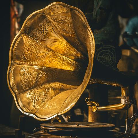 A photograph of an antique gramophone