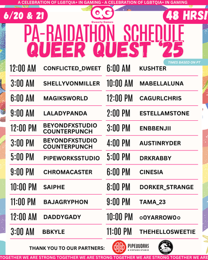 The Pa-Raid-A-Thon schedule for June 20/21, 2025. Tama__23 goes to stream at 9pm Pacific Time on Saturday, June 21.