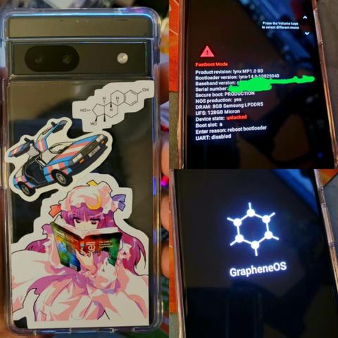 Left Side: Back of a black Pixel 7a in a plastic case with three stickers on it from top to bottom: Estriol (Estrogen) Structural Formula; a DMC-12 DeLorean with Trans colours, and Patchouli from Touhou learning Haskell.

Right Top: The Pixel 7a in Fastboot mode installing GrapheneOS

Right Bottom: The Pixel 7a in booting into GrapheneOS