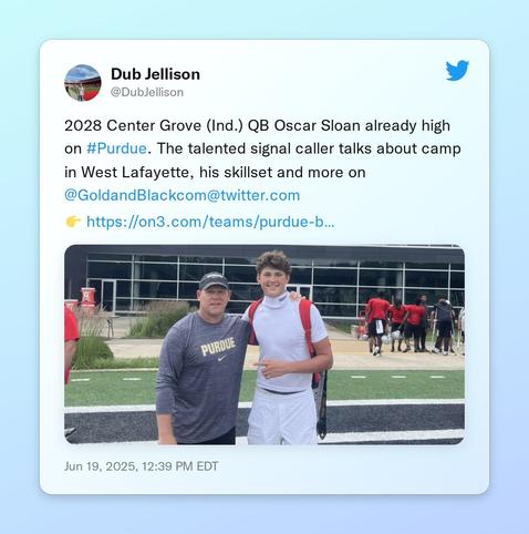 2028 Center Grove (Ind.) QB Oscar Sloan already high on #Purdue. The talented signal caller talks about camp in West Lafayette, his skillset and more on @GoldandBlackcom 

👉 https://t.co/4LDzgdWjvT https://t.co/I8masTZNF5