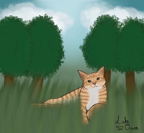 An illustration of a relaxed orange tabby cat sitting in tall grass, surrounded by two green trees and a blue sky with clouds. The artist's name and date are included at the bottom.