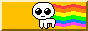 black and white autism creature on gold background with a rainbow trailing it