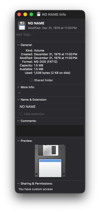 A screenshot of the "more info" dialog in macOS - it has an icon of a floppy.
