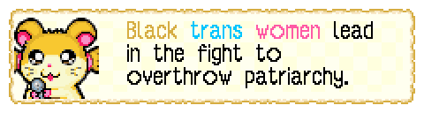 screenshot of dialogue from a little tan and white hamster in Hamtaro: Rainbow Rescue (gameboy advance game). She kind looks like hamtaro, but with twin tails. She looks happy and is holding a microphone.  She says "Black trans women lead in the fight to overthrow patriarchy." The world Black is brown, the word trans is blue, and the word women is in pink. The rest of the text is black.