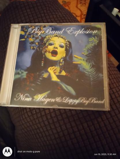 CD cover image of Nina Hagen. Her hair is in two ponytails and she is wearing pearls in her hair and jewels from her ears.