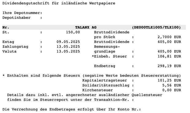 Dividendengutschrift Talanx im Mai 2025