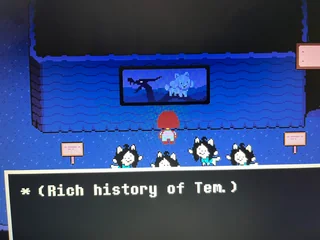 screenshot (with a camera) of Frisk looking at the "Rich history of Tem" which seems to show a Temmie riding a dragon.