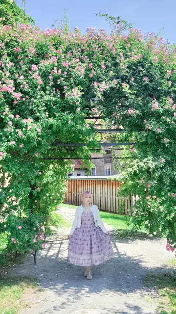woman in a purple dress in a underneatj a rose arch
