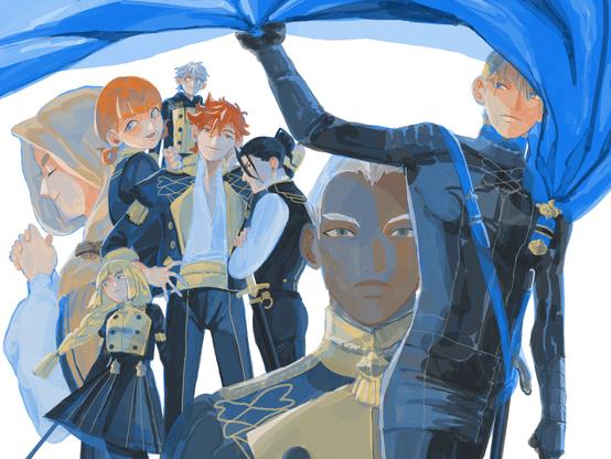 digital illustration of the blue lion characters from fire emblem three houses.
On the right is dimitri, letting his cape fly and underneath are the other characters of the class, Dedue, Felix, Sylvain, Ingrid, Annette, Mercedes and Ashe.