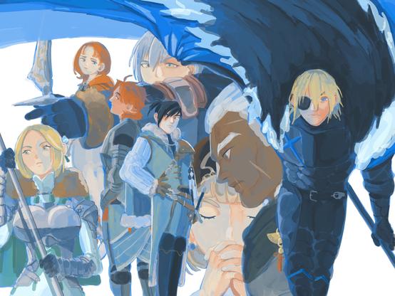 digital illustration of the blue lion characters from fire emblem three houses post timeskip.
On the right is dimitri, letting his cape fly and underneath are the other characters of the class, Dedue, Felix, Sylvain, Ingrid, Annette, Mercedes and Ashe.