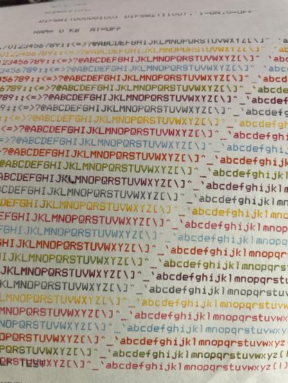 The ASCII character set used by the ImageWriter II, repeated over and over, in rainbow colors