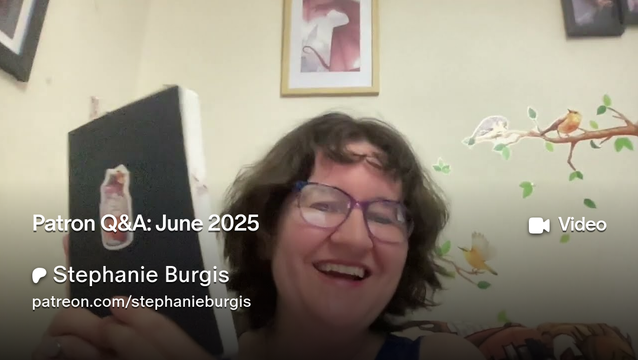 The promo card from Patreon shows a screenshot from Steph's video in which she holds up a notebook while laughing. The text on the image reads Patron Q&A: June 2025.