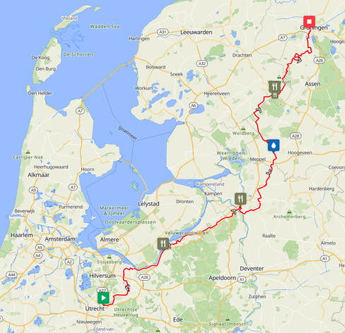 Map showing the route from near Utrecht, to the northeast of the country, with twists and turns.