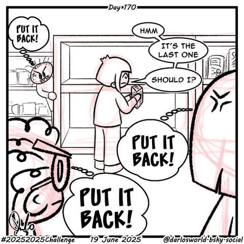 Drawing of Darlo in a shop. He's picked up the last item on a shelf and is mulling over buying it. "Hmm ... it's the last one ... should I?" he says to himself. Other customers are nearby looking at him angrily. They're all thinking "Put it back!" to themselves.