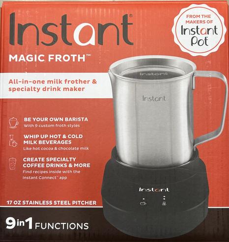 Box for Instant Magic Froth milk frother by Instapot. Box is mostly red. Magic froth is stainless steel and sits on a black base. 

SKU: 140-3457-01
UPC 8 10102 26304 9