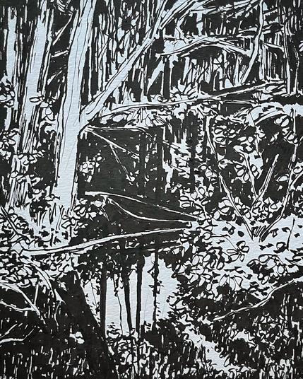 This is a high-contrast black-and-white ink drawing of a densely wooded forest scene. The composition is tightly packed with vertical tree trunks, angled branches, and thick underbrush, creating a sense of depth and enclosure. Light areas, rendered in white, carve out shapes of leaves and tree limbs, while black ink defines shadows and dense thickets. The drawing’s style is expressive and graphic, with varied line weights and a rhythmic, almost abstract interplay between positive and negative space. There’s a suggestion of a narrow path or stream cutting through the lower center, guiding the eye into the dense tangle of foliage beyond.

(Alt-text auto-generated.)