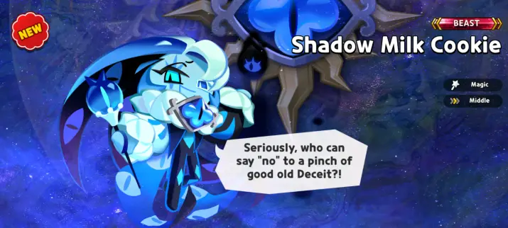 screenshot of Shadow Milk Cookie being unlocked in CookieRun: Kingdom, saying "Seriously, who can say no to a pinch of good old Deceit?!"